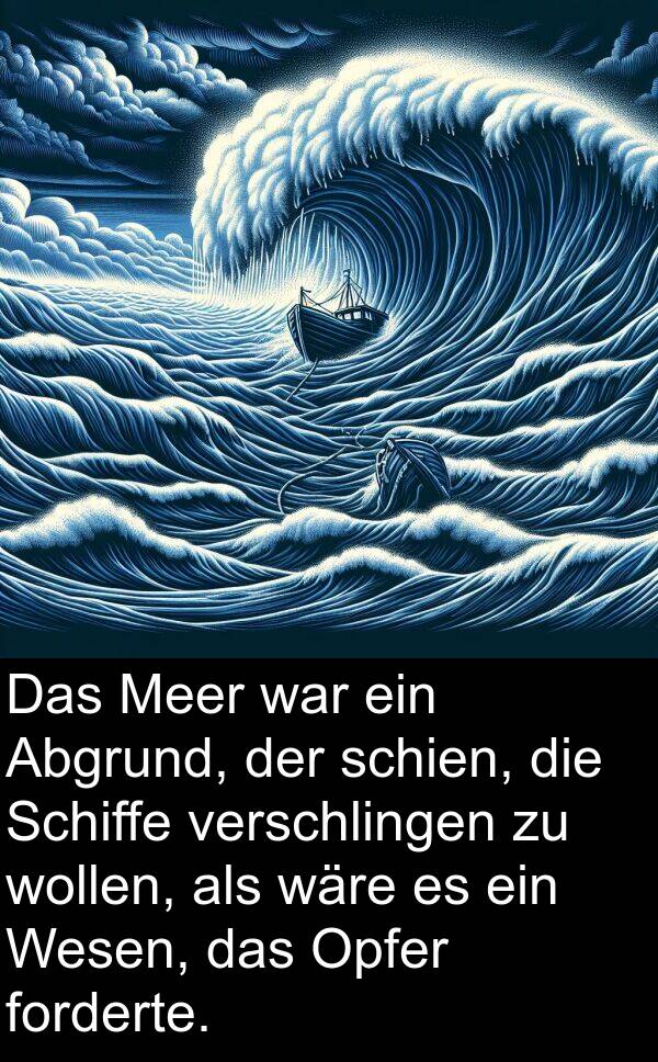 forderte: Das Meer war ein Abgrund, der schien, die Schiffe verschlingen zu wollen, als wäre es ein Wesen, das Opfer forderte.