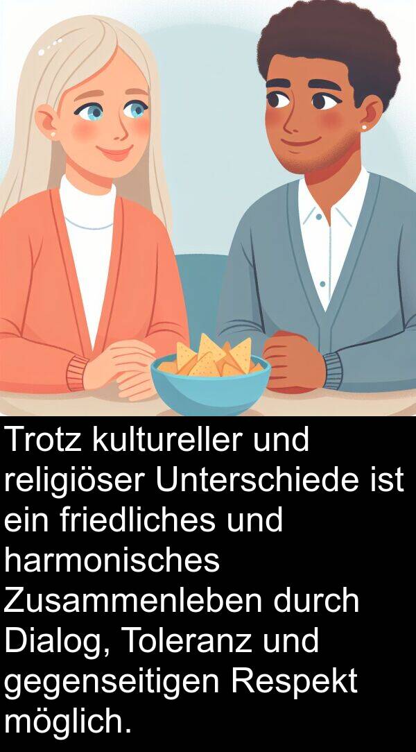 Dialog: Trotz kultureller und religiöser Unterschiede ist ein friedliches und harmonisches Zusammenleben durch Dialog, Toleranz und gegenseitigen Respekt möglich.