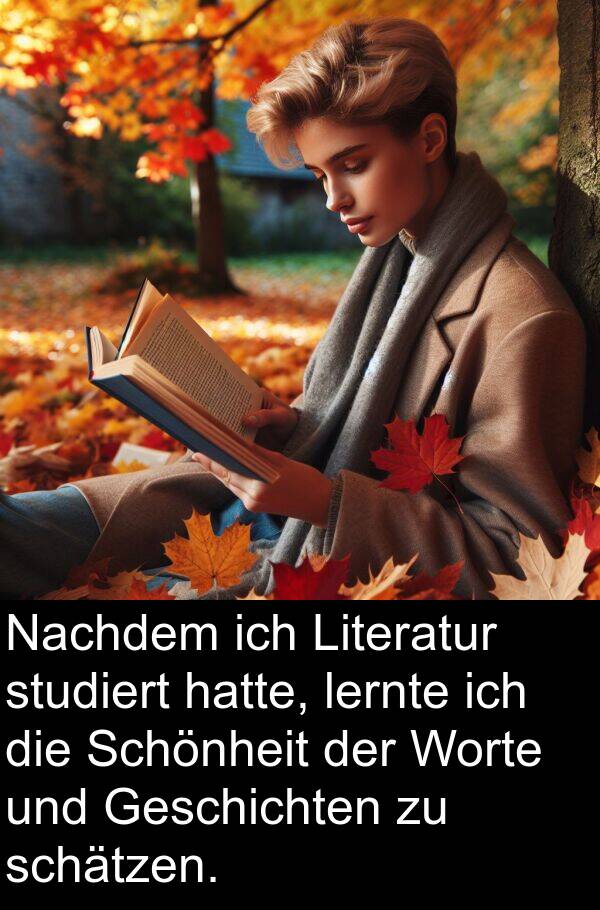 Nachdem: Nachdem ich Literatur studiert hatte, lernte ich die Schönheit der Worte und Geschichten zu schätzen.