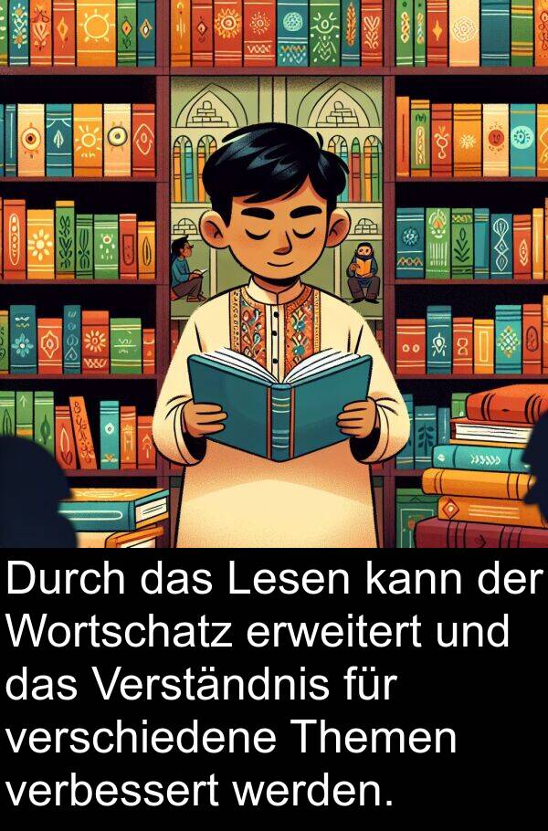 erweitert: Durch das Lesen kann der Wortschatz erweitert und das Verständnis für verschiedene Themen verbessert werden.