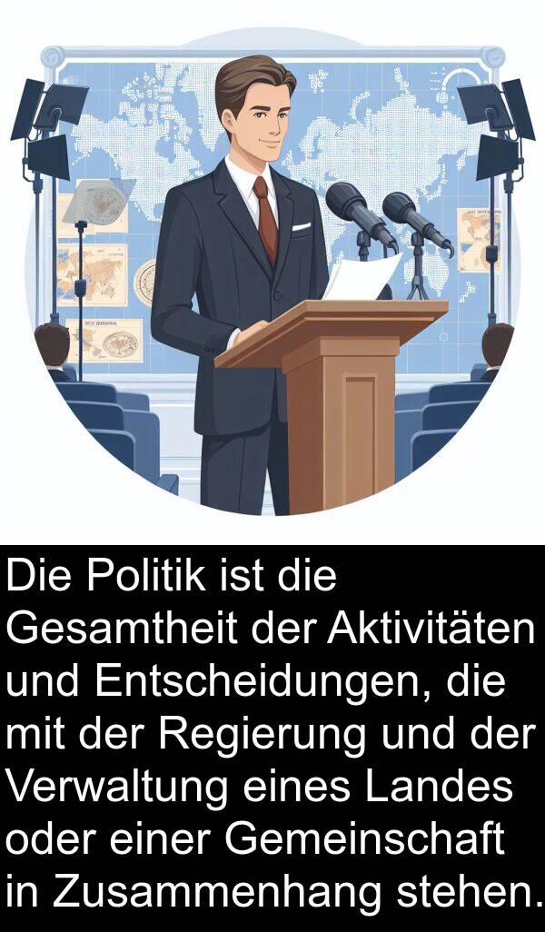 Landes: Die Politik ist die Gesamtheit der Aktivitäten und Entscheidungen, die mit der Regierung und der Verwaltung eines Landes oder einer Gemeinschaft in Zusammenhang stehen.