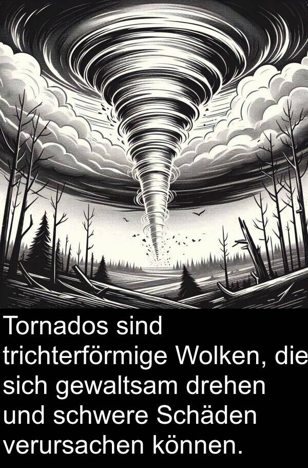 drehen: Tornados sind trichterförmige Wolken, die sich gewaltsam drehen und schwere Schäden verursachen können.