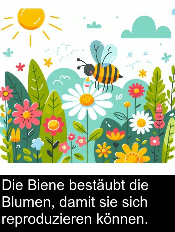 können: Die Biene bestäubt die Blumen, damit sie sich reproduzieren können.