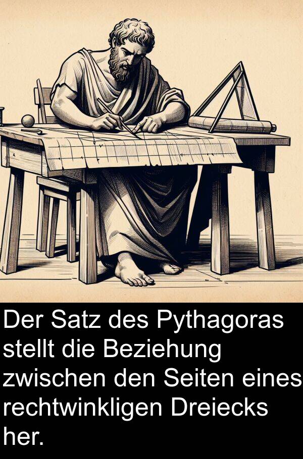 eines: Der Satz des Pythagoras stellt die Beziehung zwischen den Seiten eines rechtwinkligen Dreiecks her.