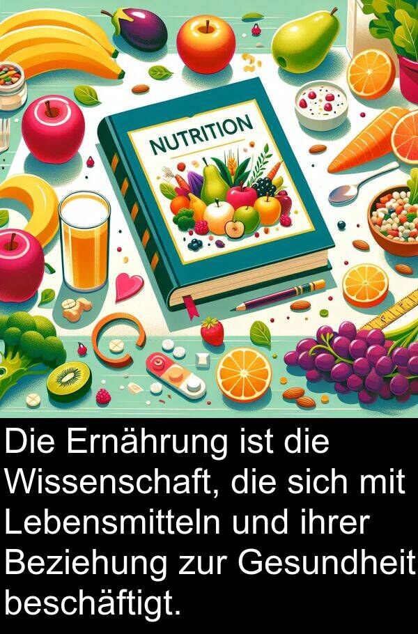 Ernährung: Die Ernährung ist die Wissenschaft, die sich mit Lebensmitteln und ihrer Beziehung zur Gesundheit beschäftigt.