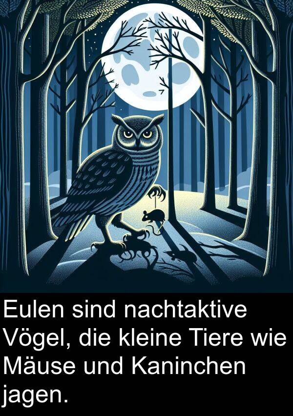 Kaninchen: Eulen sind nachtaktive Vögel, die kleine Tiere wie Mäuse und Kaninchen jagen.