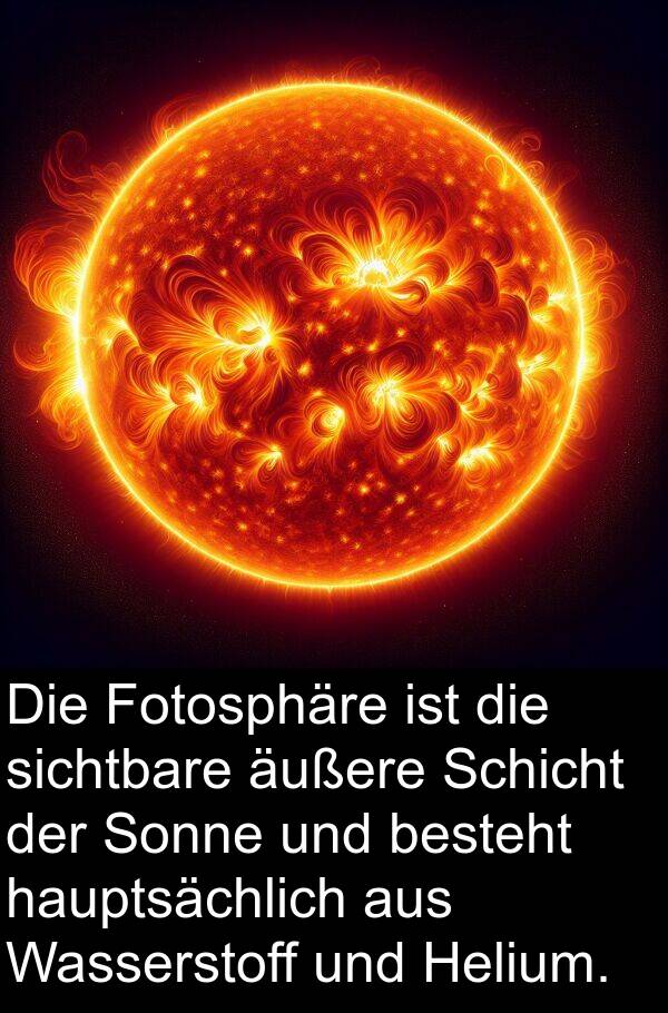 Fotosphäre: Die Fotosphäre ist die sichtbare äußere Schicht der Sonne und besteht hauptsächlich aus Wasserstoff und Helium.