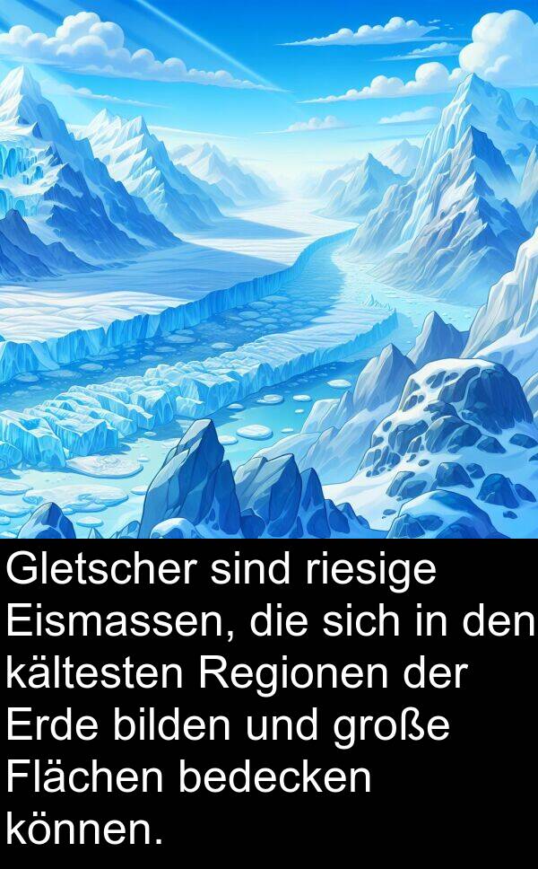 können: Gletscher sind riesige Eismassen, die sich in den kältesten Regionen der Erde bilden und große Flächen bedecken können.