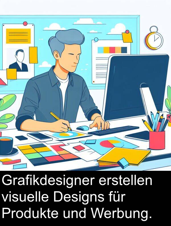 erstellen: Grafikdesigner erstellen visuelle Designs für Produkte und Werbung.