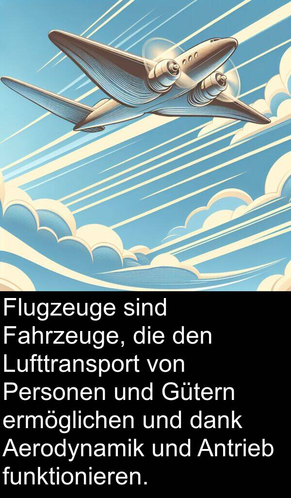 Personen: Flugzeuge sind Fahrzeuge, die den Lufttransport von Personen und Gütern ermöglichen und dank Aerodynamik und Antrieb funktionieren.