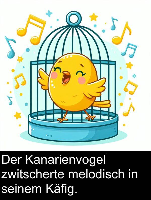 Kanarienvogel: Der Kanarienvogel zwitscherte melodisch in seinem Käfig.