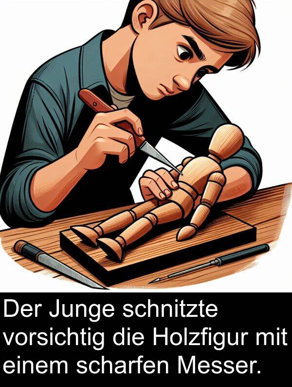 Holzfigur: Der Junge schnitzte vorsichtig die Holzfigur mit einem scharfen Messer.