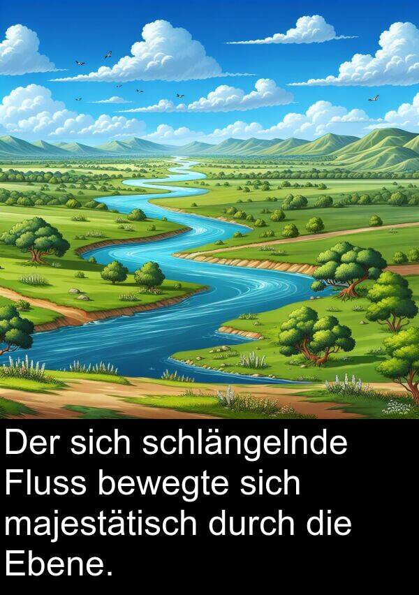 Fluss: Der sich schlängelnde Fluss bewegte sich majestätisch durch die Ebene.