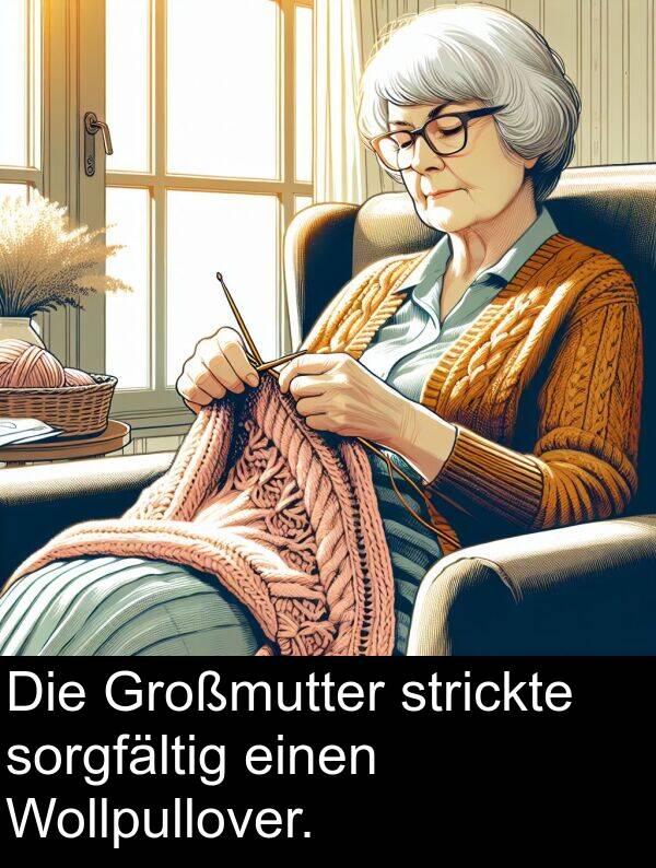 Großmutter: Die Großmutter strickte sorgfältig einen Wollpullover.