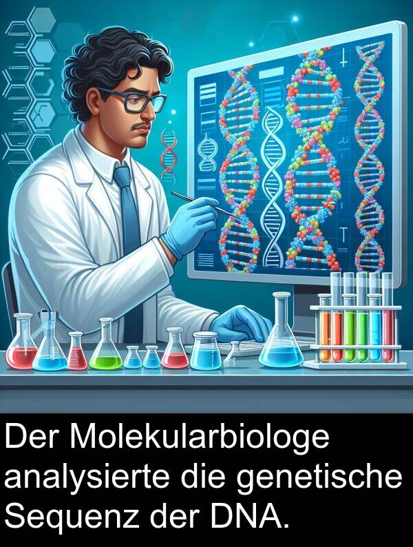 analysierte: Der Molekularbiologe analysierte die genetische Sequenz der DNA.