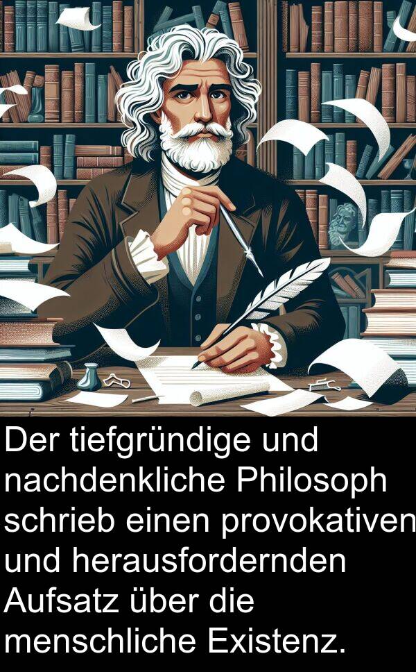 tiefgründige: Der tiefgründige und nachdenkliche Philosoph schrieb einen provokativen und herausfordernden Aufsatz über die menschliche Existenz.