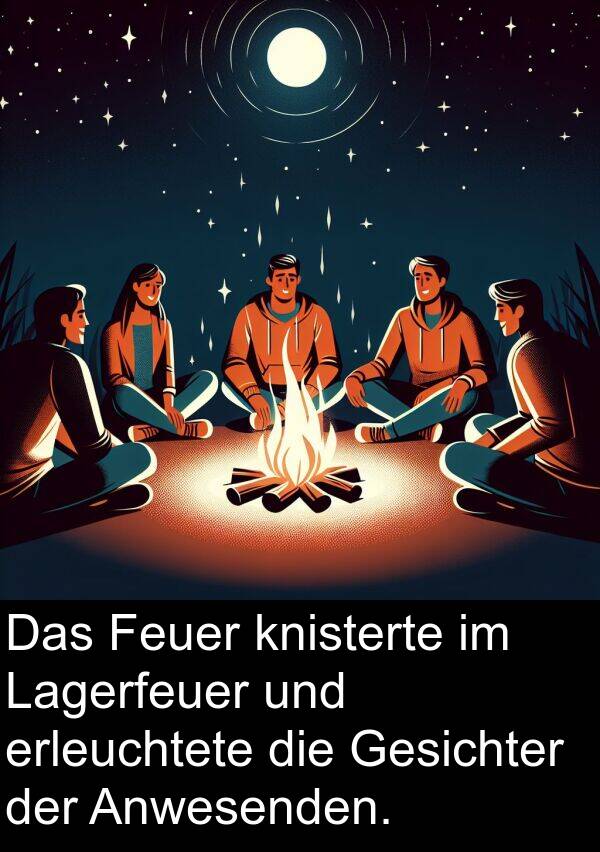 Feuer: Das Feuer knisterte im Lagerfeuer und erleuchtete die Gesichter der Anwesenden.