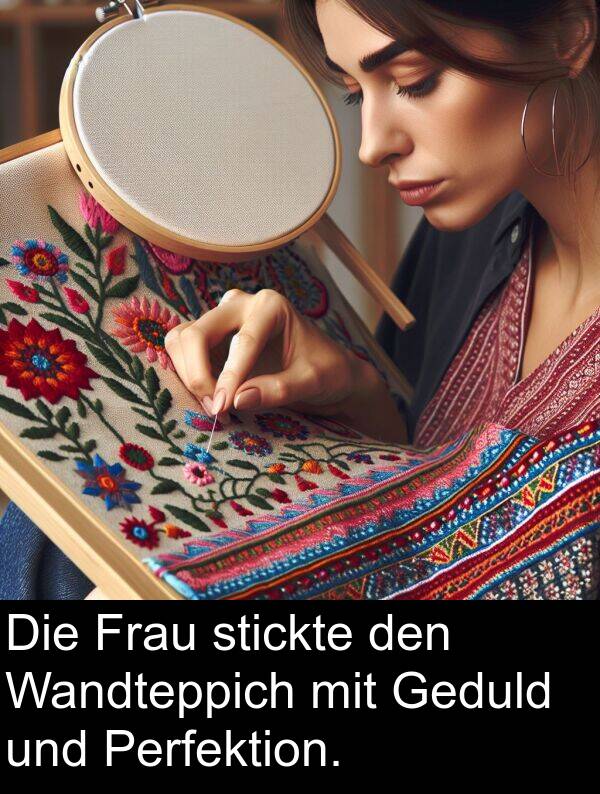 Frau: Die Frau stickte den Wandteppich mit Geduld und Perfektion.