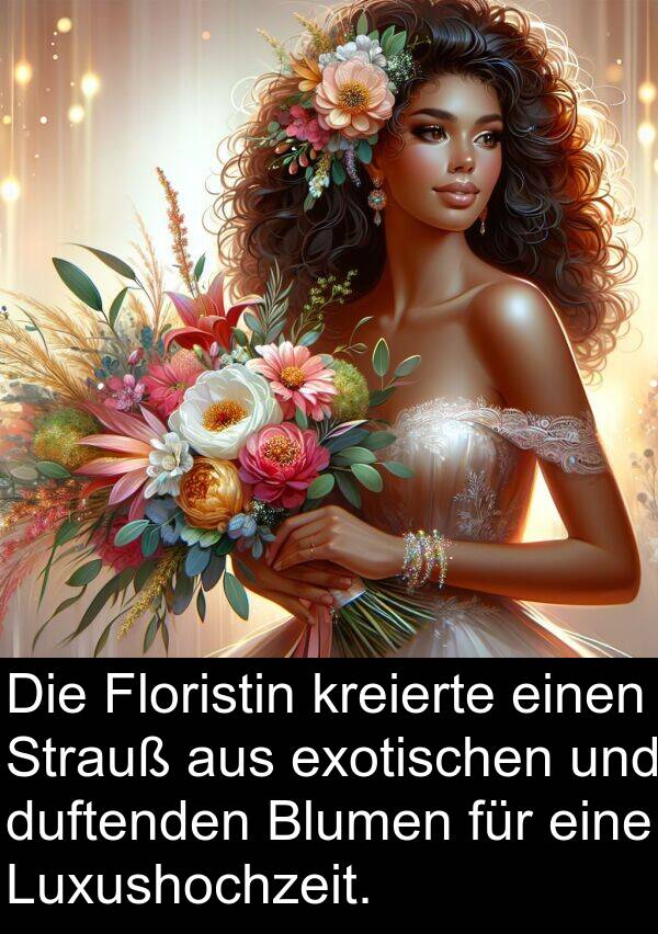 Luxushochzeit: Die Floristin kreierte einen Strauß aus exotischen und duftenden Blumen für eine Luxushochzeit.