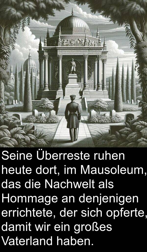 Nachwelt: Seine Überreste ruhen heute dort, im Mausoleum, das die Nachwelt als Hommage an denjenigen errichtete, der sich opferte, damit wir ein großes Vaterland haben.