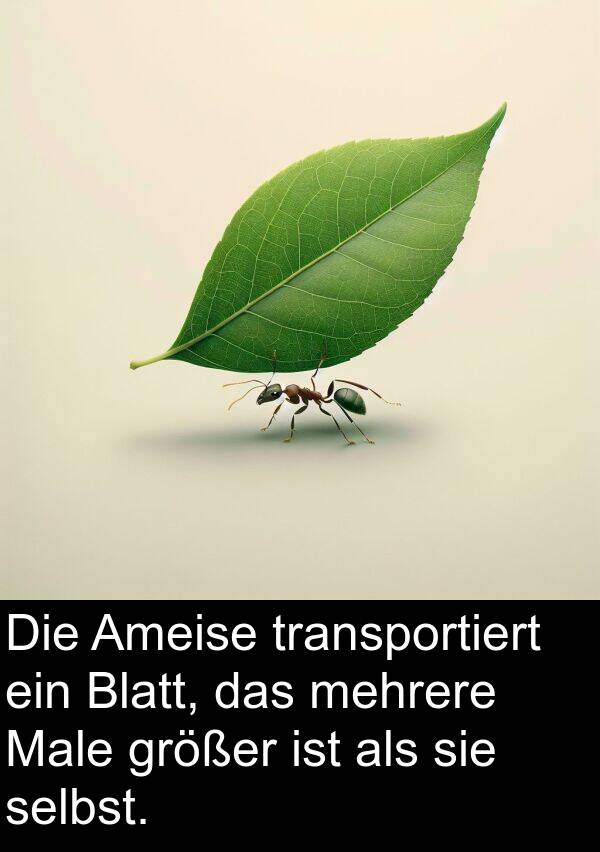 größer: Die Ameise transportiert ein Blatt, das mehrere Male größer ist als sie selbst.