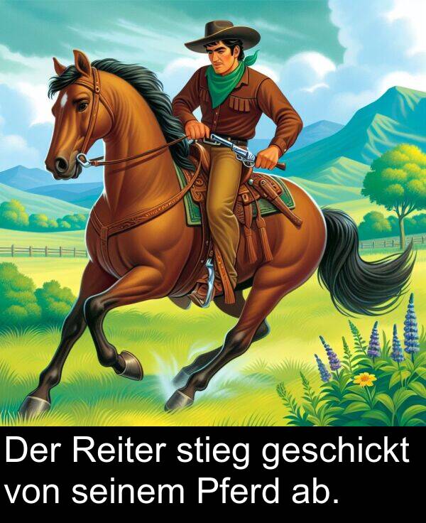 Pferd: Der Reiter stieg geschickt von seinem Pferd ab.