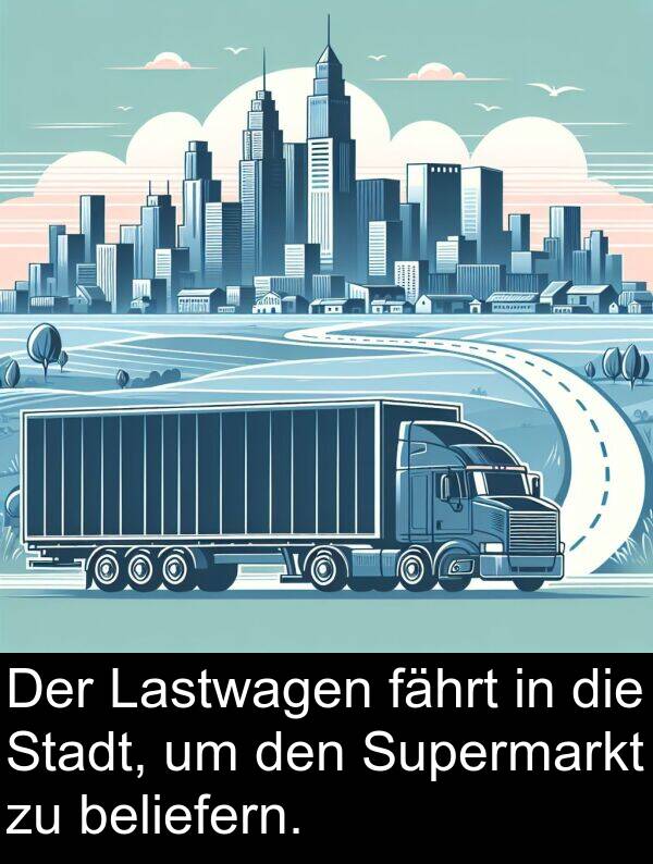 Lastwagen: Der Lastwagen fährt in die Stadt, um den Supermarkt zu beliefern.