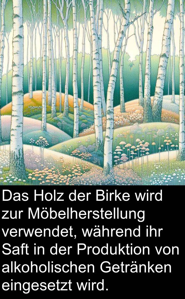 eingesetzt: Das Holz der Birke wird zur Möbelherstellung verwendet, während ihr Saft in der Produktion von alkoholischen Getränken eingesetzt wird.