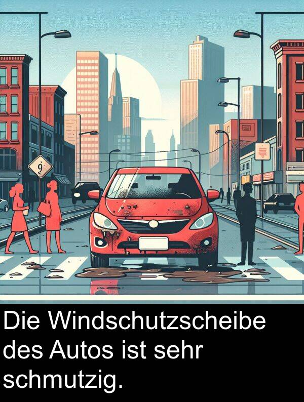 des: Die Windschutzscheibe des Autos ist sehr schmutzig.