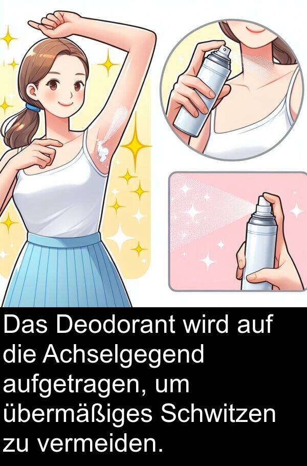 aufgetragen: Das Deodorant wird auf die Achselgegend aufgetragen, um übermäßiges Schwitzen zu vermeiden.