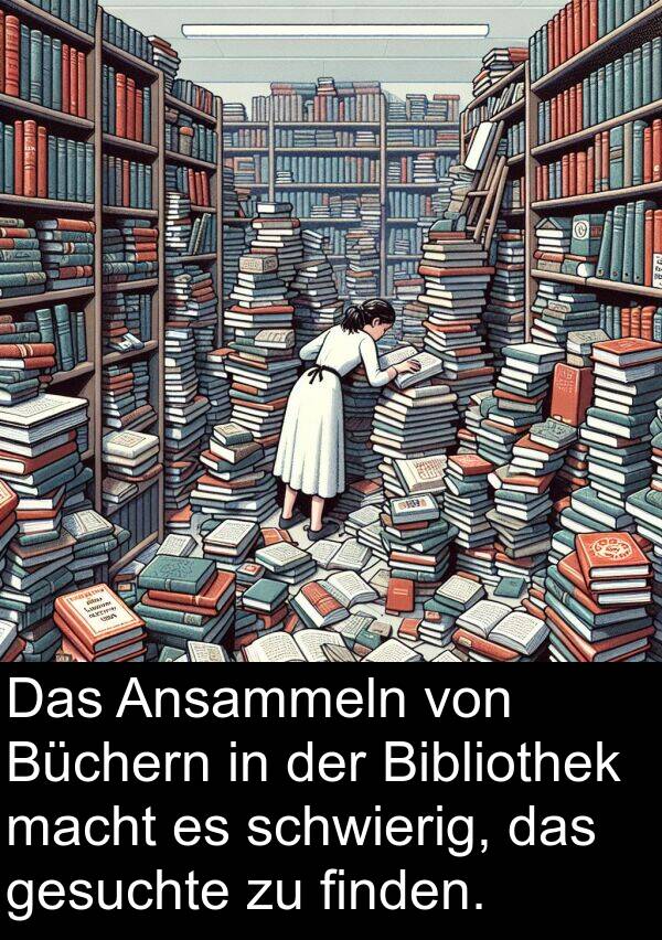 finden: Das Ansammeln von Büchern in der Bibliothek macht es schwierig, das gesuchte zu finden.