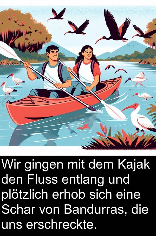 Kajak: Wir gingen mit dem Kajak den Fluss entlang und plötzlich erhob sich eine Schar von Bandurras, die uns erschreckte.