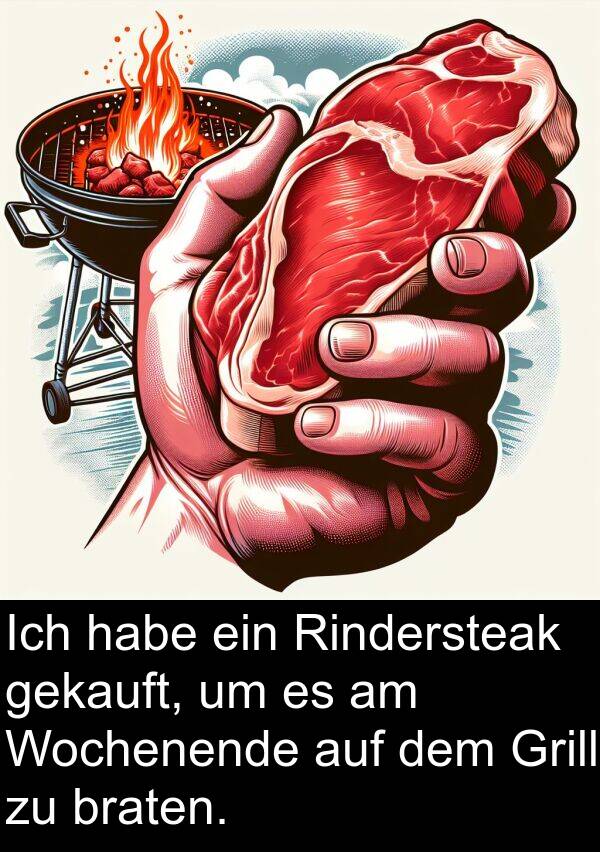 gekauft: Ich habe ein Rindersteak gekauft, um es am Wochenende auf dem Grill zu braten.