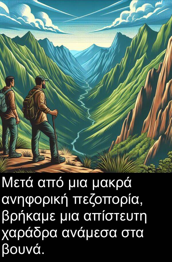 μακρά: Μετά από μια μακρά ανηφορική πεζοπορία, βρήκαμε μια απίστευτη χαράδρα ανάμεσα στα βουνά.