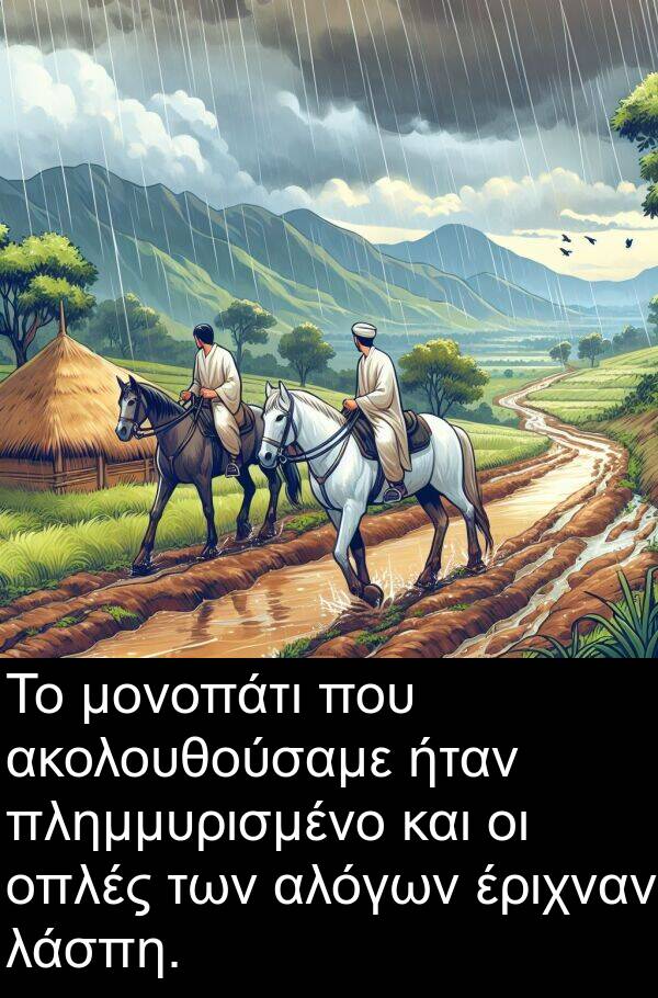 λάσπη: Το μονοπάτι που ακολουθούσαμε ήταν πλημμυρισμένο και οι οπλές των αλόγων έριχναν λάσπη.