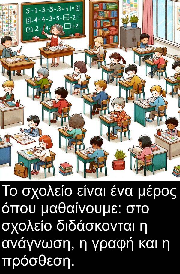 μαθαίνουμε: Το σχολείο είναι ένα μέρος όπου μαθαίνουμε: στο σχολείο διδάσκονται η ανάγνωση, η γραφή και η πρόσθεση.