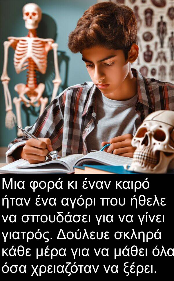 αγόρι: Μια φορά κι έναν καιρό ήταν ένα αγόρι που ήθελε να σπουδάσει για να γίνει γιατρός. Δούλευε σκληρά κάθε μέρα για να μάθει όλα όσα χρειαζόταν να ξέρει.