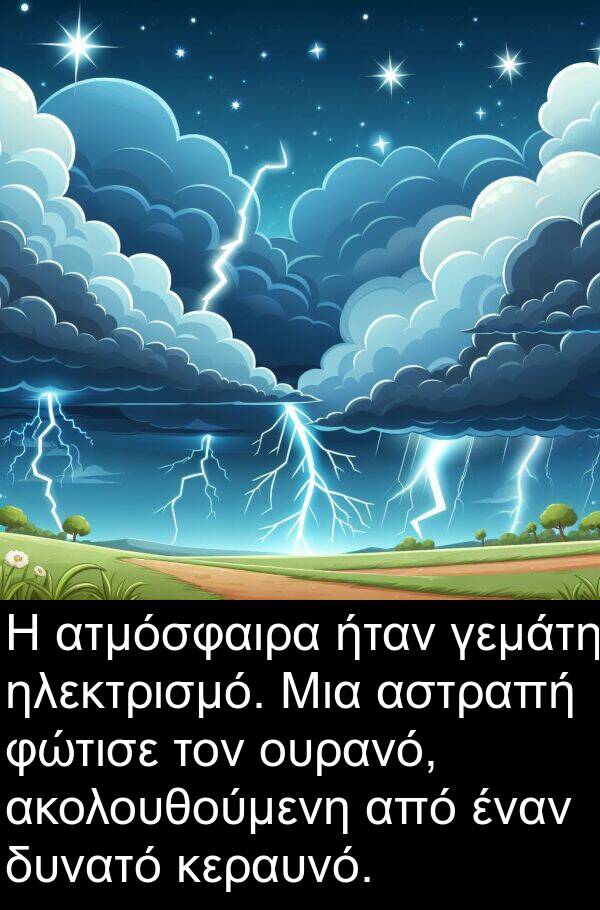 ηλεκτρισμό: Η ατμόσφαιρα ήταν γεμάτη ηλεκτρισμό. Μια αστραπή φώτισε τον ουρανό, ακολουθούμενη από έναν δυνατό κεραυνό.