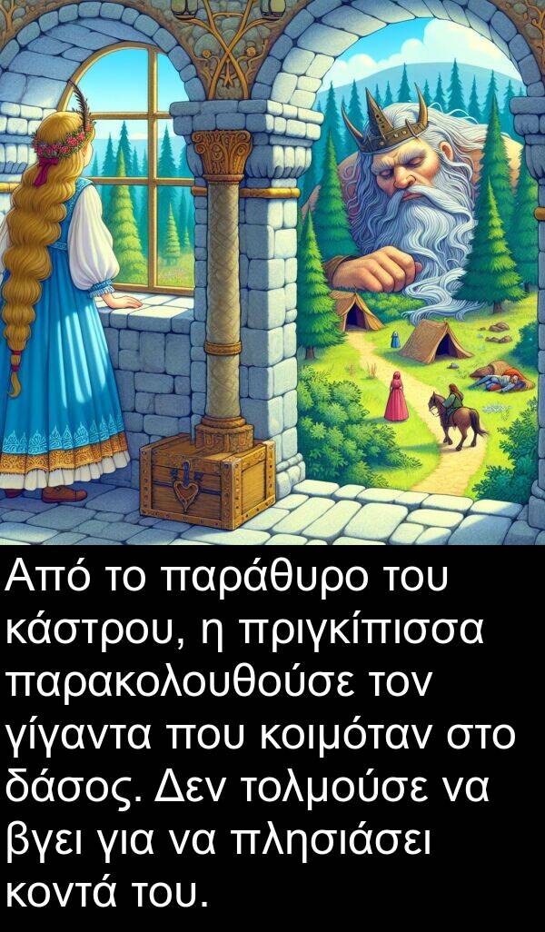 πλησιάσει: Από το παράθυρο του κάστρου, η πριγκίπισσα παρακολουθούσε τον γίγαντα που κοιμόταν στο δάσος. Δεν τολμούσε να βγει για να πλησιάσει κοντά του.