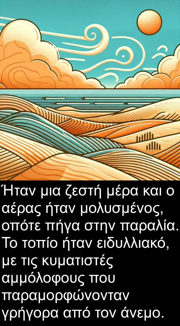 ζεστή: Ήταν μια ζεστή μέρα και ο αέρας ήταν μολυσμένος, οπότε πήγα στην παραλία. Το τοπίο ήταν ειδυλλιακό, με τις κυματιστές αμμόλοφους που παραμορφώνονταν γρήγορα από τον άνεμο.