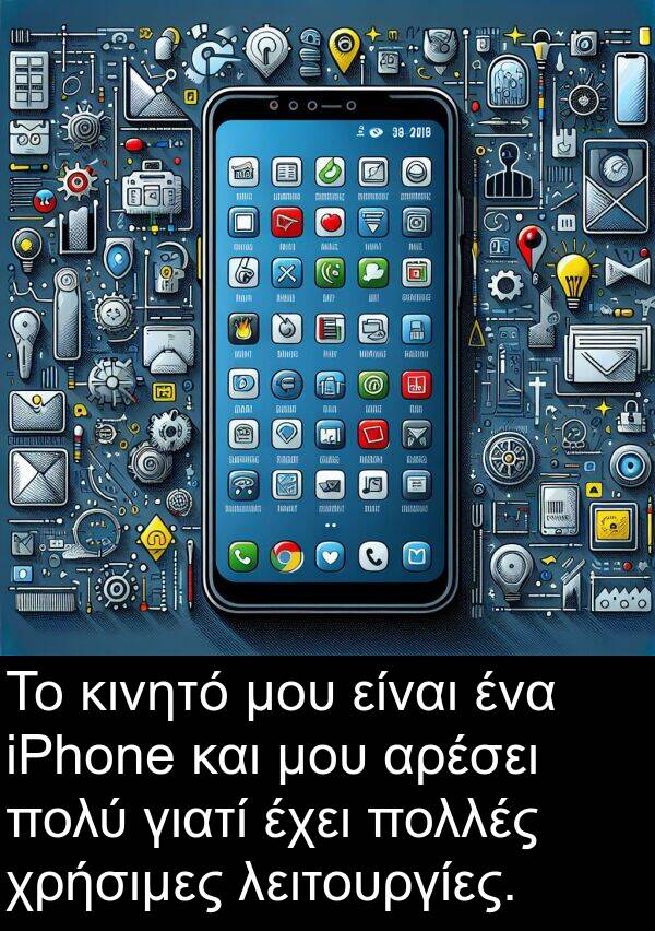 λειτουργίες: Το κινητό μου είναι ένα iPhone και μου αρέσει πολύ γιατί έχει πολλές χρήσιμες λειτουργίες.