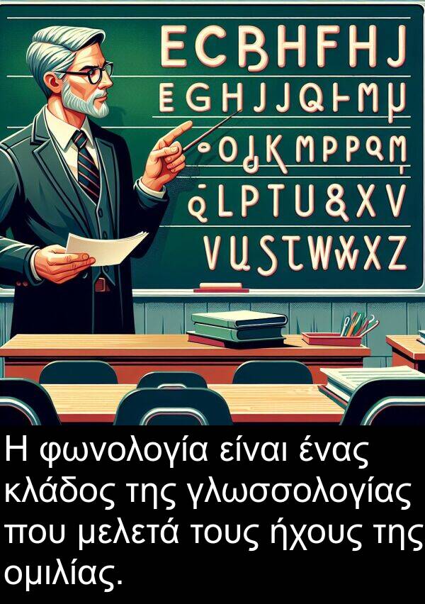 μελετά: Η φωνολογία είναι ένας κλάδος της γλωσσολογίας που μελετά τους ήχους της ομιλίας.