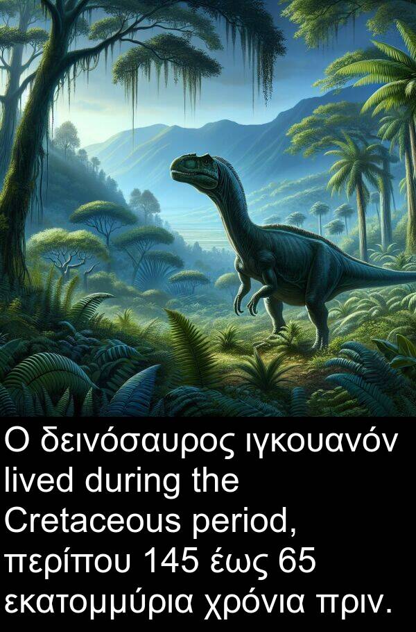 δεινόσαυρος: Ο δεινόσαυρος ιγκουανόν lived during the Cretaceous period, περίπου 145 έως 65 εκατομμύρια χρόνια πριν.