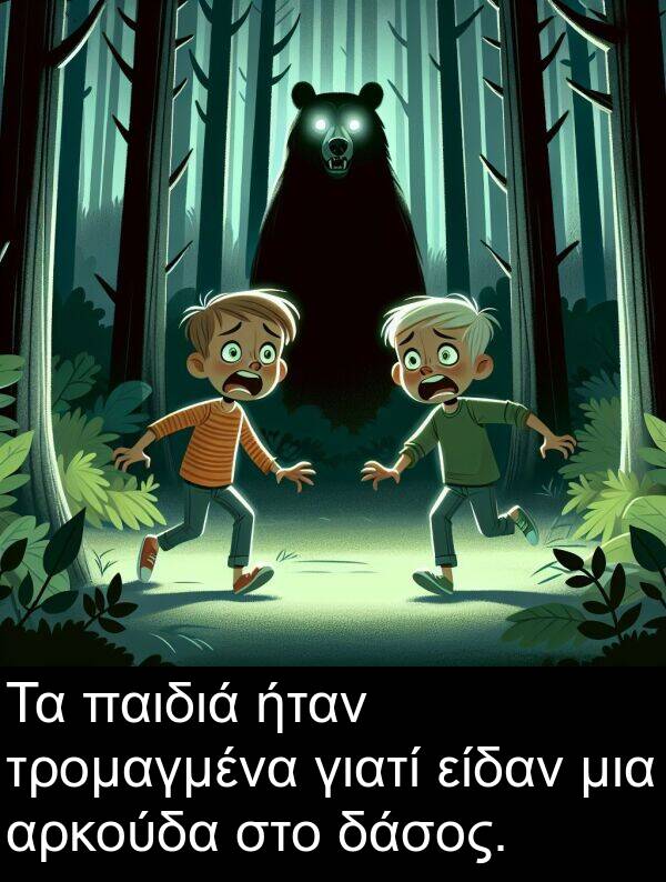 παιδιά: Τα παιδιά ήταν τρομαγμένα γιατί είδαν μια αρκούδα στο δάσος.