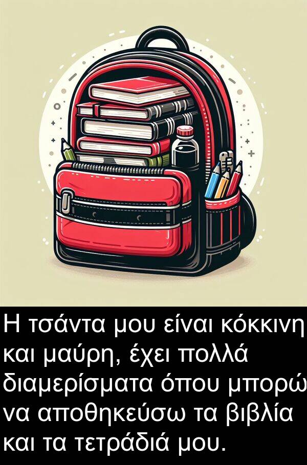 βιβλία: Η τσάντα μου είναι κόκκινη και μαύρη, έχει πολλά διαμερίσματα όπου μπορώ να αποθηκεύσω τα βιβλία και τα τετράδιά μου.