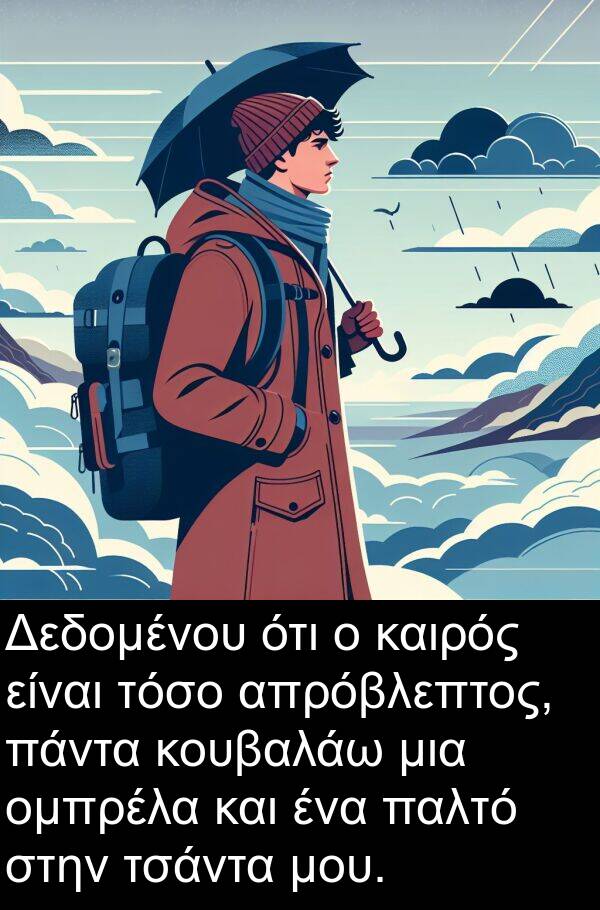 παλτό: Δεδομένου ότι ο καιρός είναι τόσο απρόβλεπτος, πάντα κουβαλάω μια ομπρέλα και ένα παλτό στην τσάντα μου.