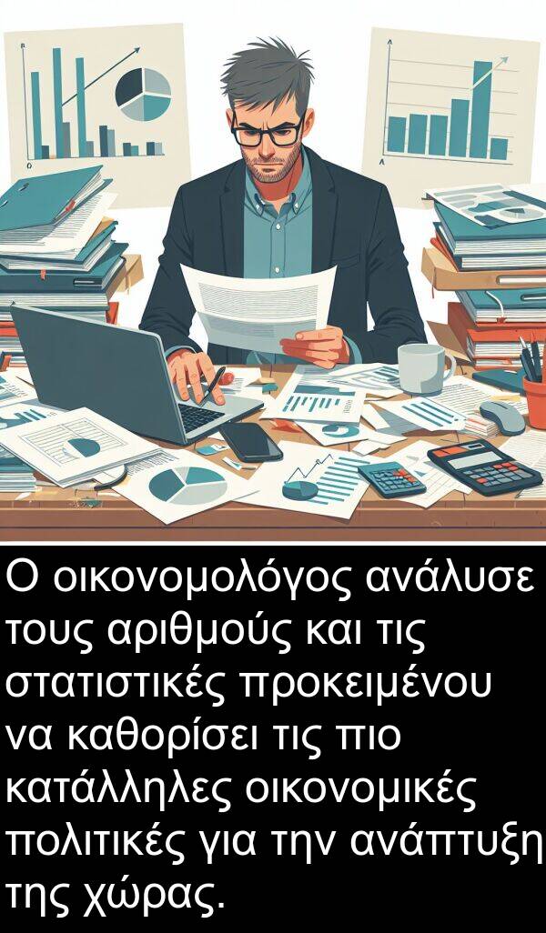 οικονομικές: Ο οικονομολόγος ανάλυσε τους αριθμούς και τις στατιστικές προκειμένου να καθορίσει τις πιο κατάλληλες οικονομικές πολιτικές για την ανάπτυξη της χώρας.