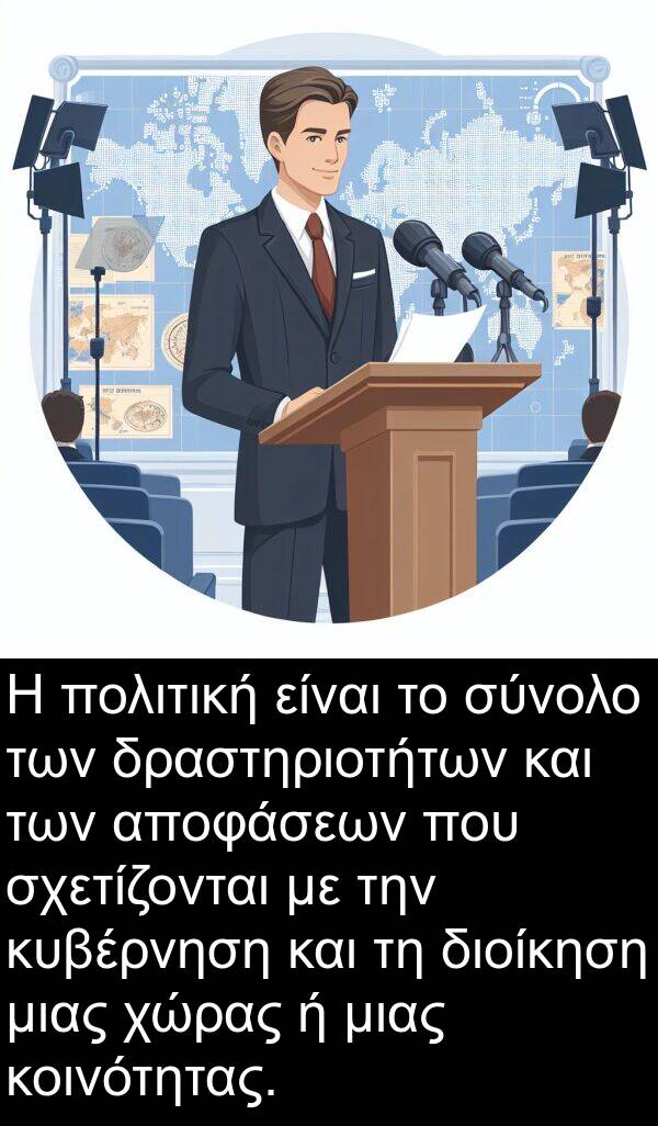 χώρας: Η πολιτική είναι το σύνολο των δραστηριοτήτων και των αποφάσεων που σχετίζονται με την κυβέρνηση και τη διοίκηση μιας χώρας ή μιας κοινότητας.