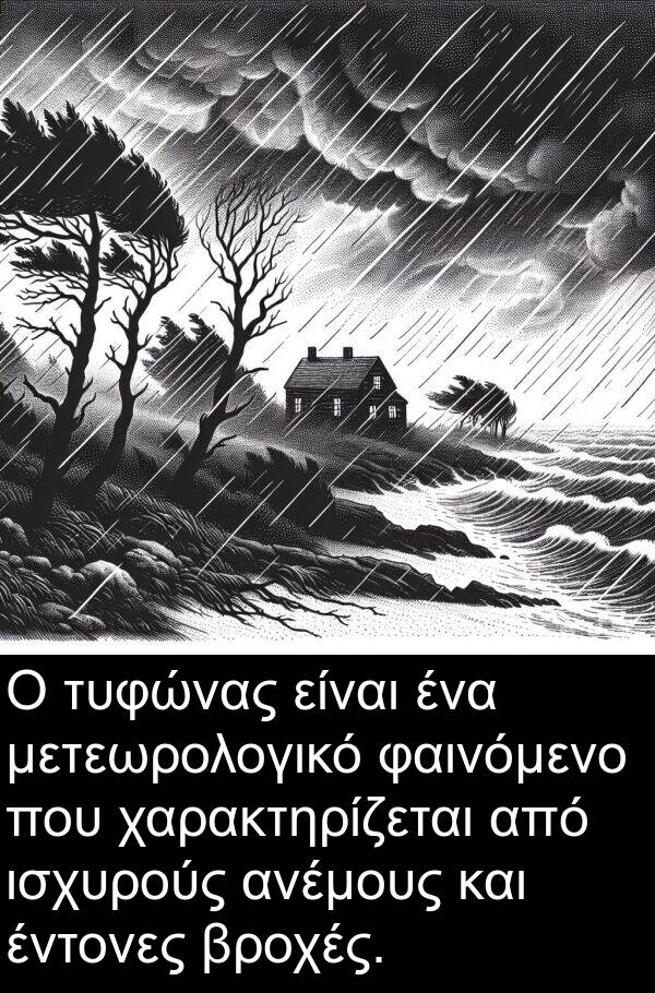 χαρακτηρίζεται: Ο τυφώνας είναι ένα μετεωρολογικό φαινόμενο που χαρακτηρίζεται από ισχυρούς ανέμους και έντονες βροχές.