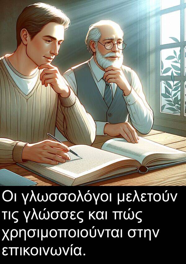 μελετούν: Οι γλωσσολόγοι μελετούν τις γλώσσες και πώς χρησιμοποιούνται στην επικοινωνία.